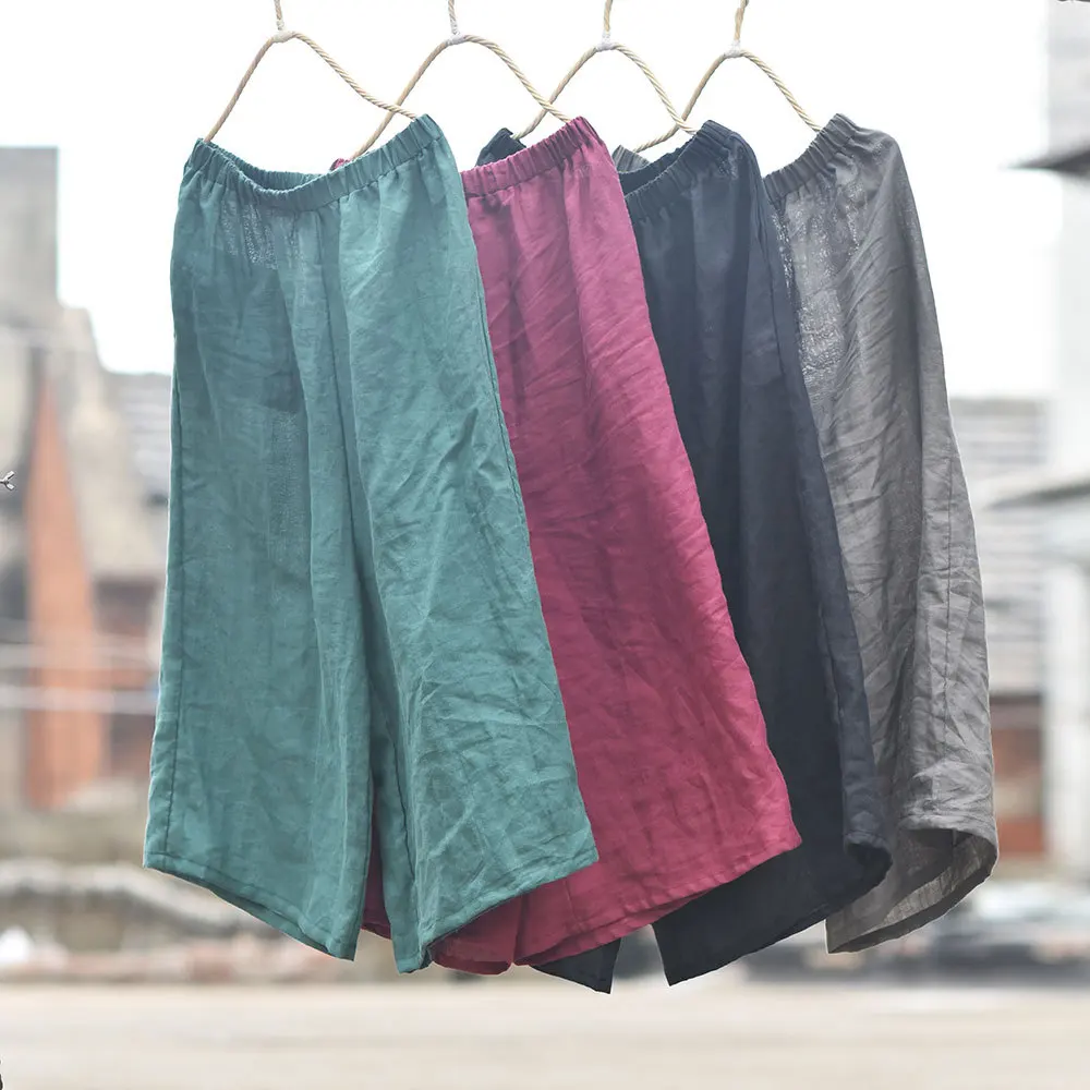 Johnature High Quality Women Ramie Wide Leg Pants Loose Elastic Waist Solid Color 2025 New Summer Casual Female Pants