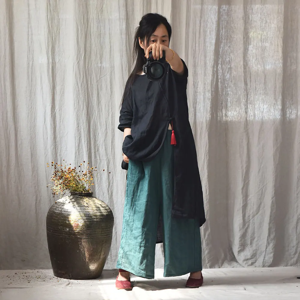 Johnature High Quality Women Ramie Wide Leg Pants Loose Elastic Waist Solid Color 2025 New Summer Casual Female Pants