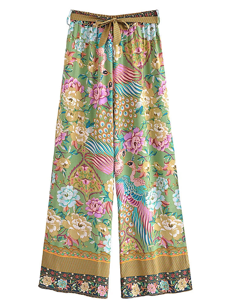 Vintage Chic Women Peacock Floral Print Bohemian Wide Leg Pants Lady Elastic Waist Loose Rayon Boho Long Pants Oversize Trousers