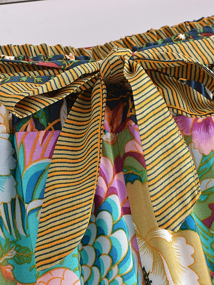 Vintage Chic Women Peacock Floral Print Bohemian Wide Leg Pants Lady Elastic Waist Loose Rayon Boho Long Pants Oversize Trousers