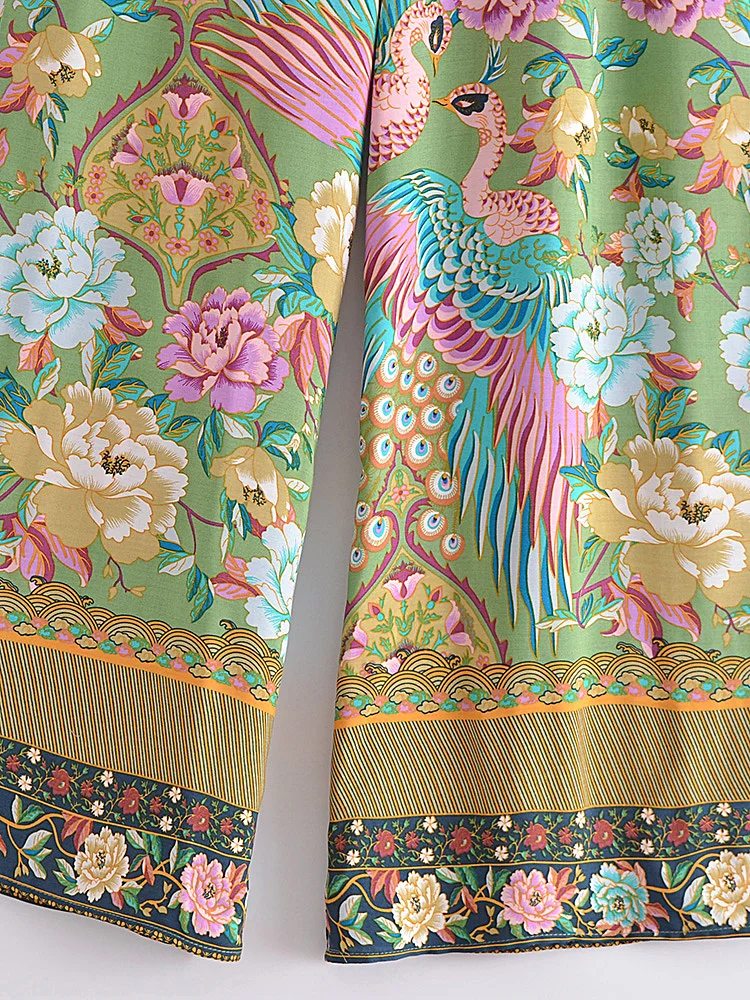 Vintage Chic Women Peacock Floral Print Bohemian Wide Leg Pants Lady Elastic Waist Loose Rayon Boho Long Pants Oversize Trousers