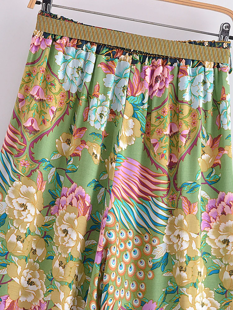 Vintage Chic Women Peacock Floral Print Bohemian Wide Leg Pants Lady Elastic Waist Loose Rayon Boho Long Pants Oversize Trousers