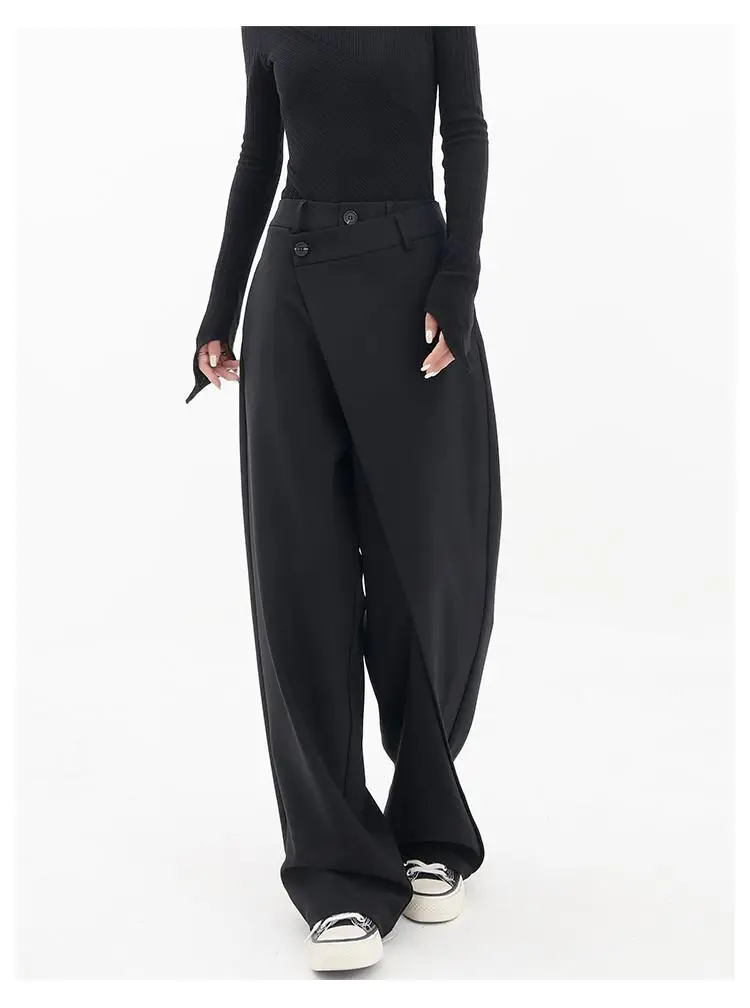 HOUZHOU Women Wide Suit Pants High Waist Gothic Japanese Style Baggy Black Trousers Irregular Straight Pants Casual Streetwear
