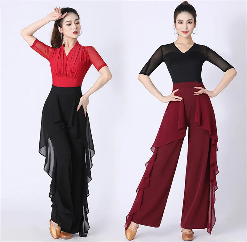 Dance Wide Leg Pants Women's High Waist Pants Lotus Leaf Side Wild Dangling Feel Training Pants 2022 New Dance Female pants
