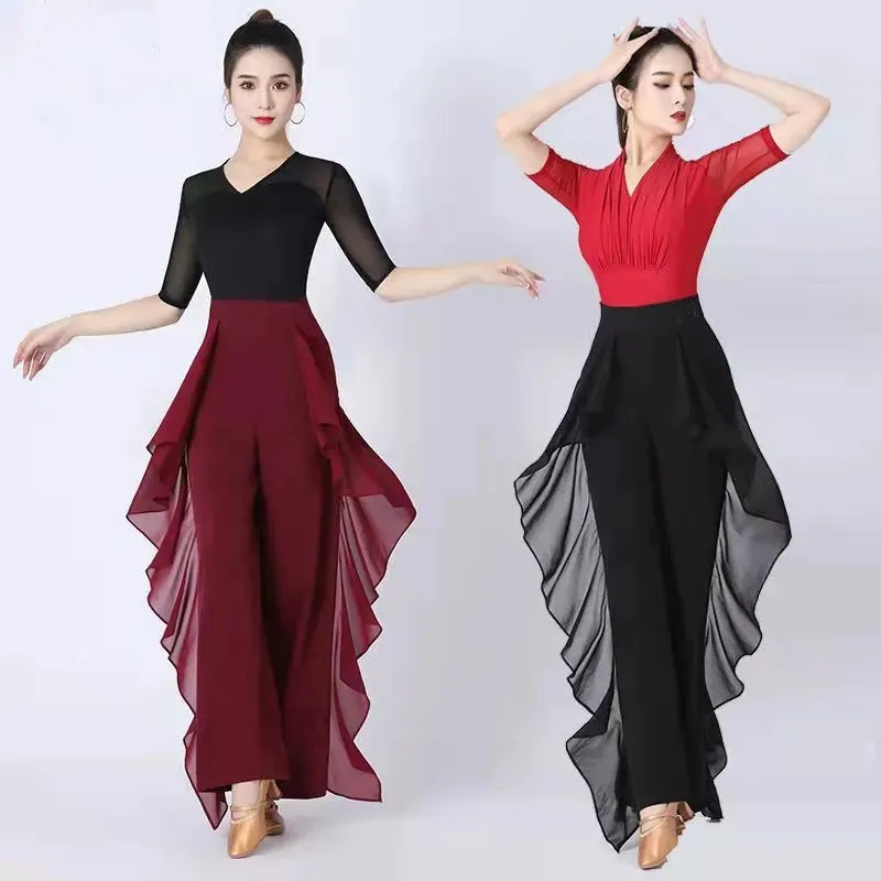 Dance Wide Leg Pants Women's High Waist Pants Lotus Leaf Side Wild Dangling Feel Training Pants 2022 New Dance Female pants