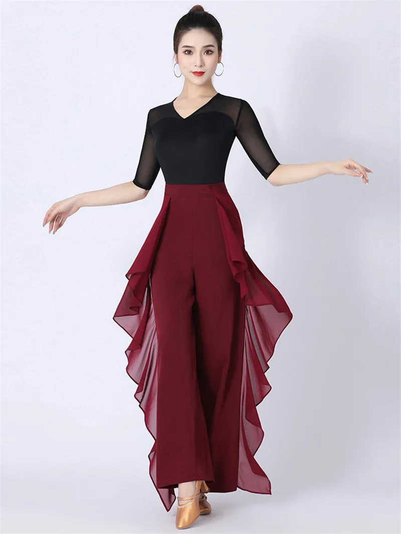 Dance Wide Leg Pants Women's High Waist Pants Lotus Leaf Side Wild Dangling Feel Training Pants 2022 New Dance Female pants