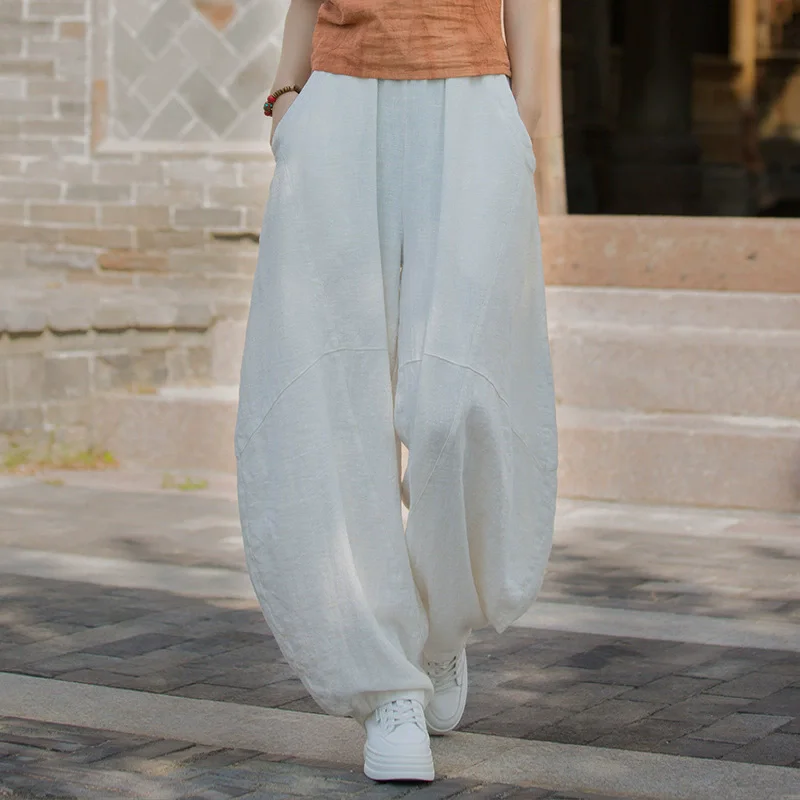 Johnature Women Vintage Ramie Wide Leg Pants Solid Color Elastic Waist Trouser 2025 New Spring Patchwork Loose Women Pants