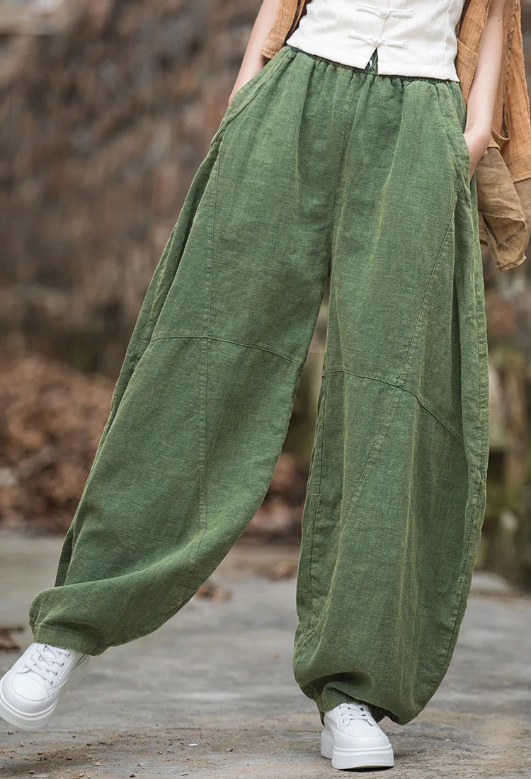 Johnature Women Vintage Ramie Wide Leg Pants Solid Color Elastic Waist Trouser 2025 New Spring Patchwork Loose Women Pants