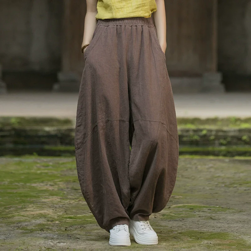 Johnature Women Vintage Ramie Wide Leg Pants Solid Color Elastic Waist Trouser 2025 New Spring Patchwork Loose Women Pants