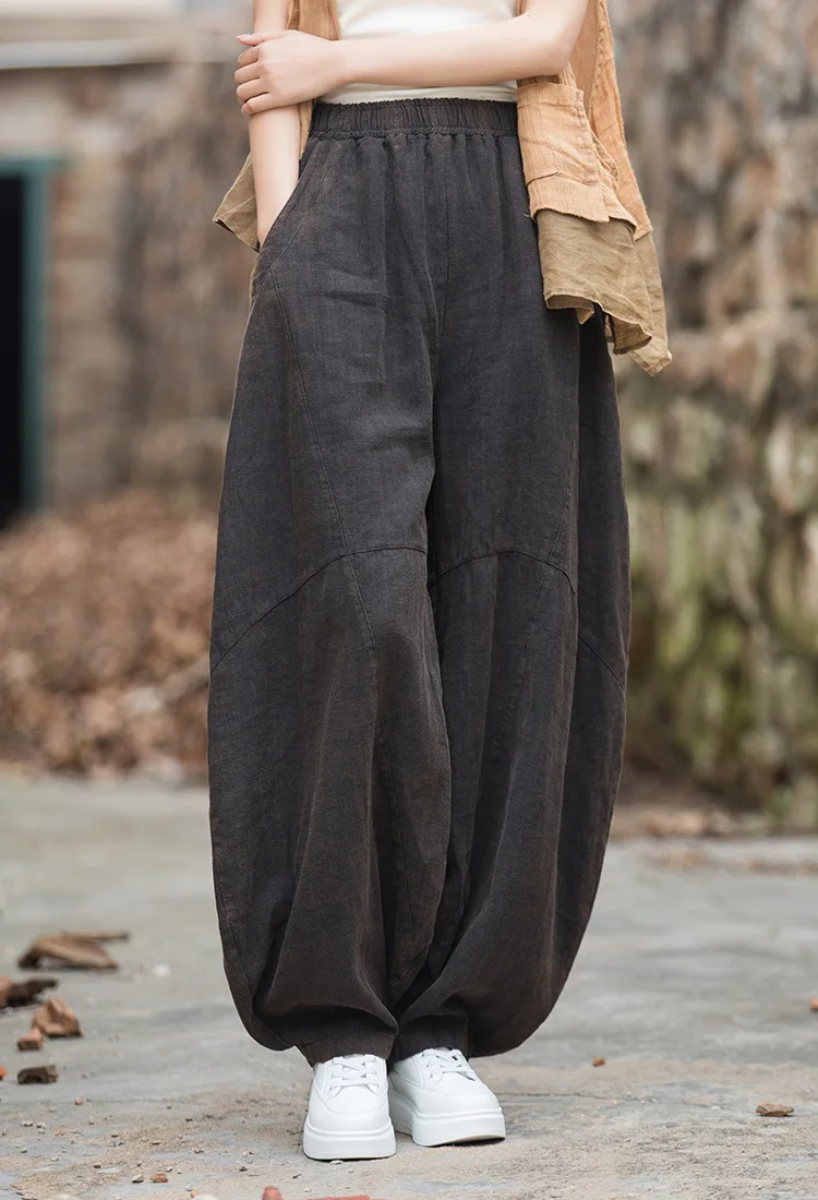 Johnature Women Vintage Ramie Wide Leg Pants Solid Color Elastic Waist Trouser 2025 New Spring Patchwork Loose Women Pants