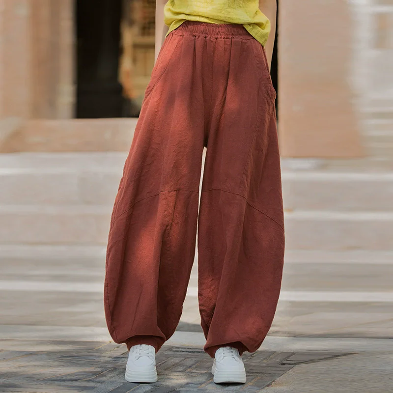 Johnature Women Vintage Ramie Wide Leg Pants Solid Color Elastic Waist Trouser 2025 New Spring Patchwork Loose Women Pants