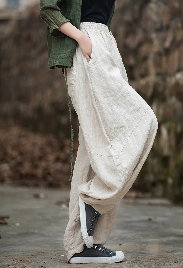Johnature Women Vintage Ramie Wide Leg Pants Solid Color Elastic Waist Trouser 2025 New Spring Patchwork Loose Women Pants