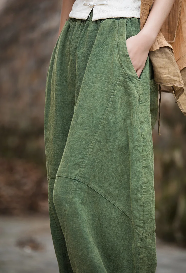 Johnature Women Vintage Ramie Wide Leg Pants Solid Color Elastic Waist Trouser 2025 New Spring Patchwork Loose Women Pants