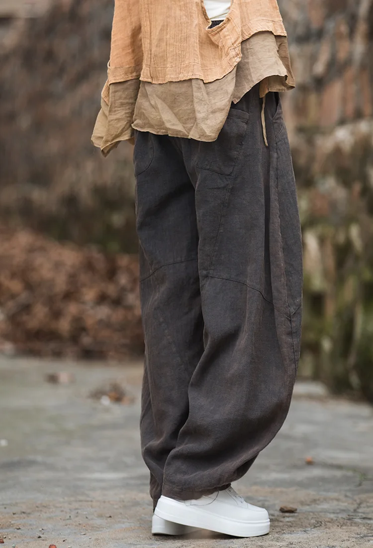 Johnature Women Vintage Ramie Wide Leg Pants Solid Color Elastic Waist Trouser 2025 New Spring Patchwork Loose Women Pants