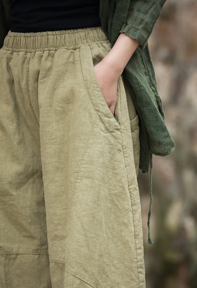 Johnature Women Vintage Ramie Wide Leg Pants Solid Color Elastic Waist Trouser 2025 New Spring Patchwork Loose Women Pants