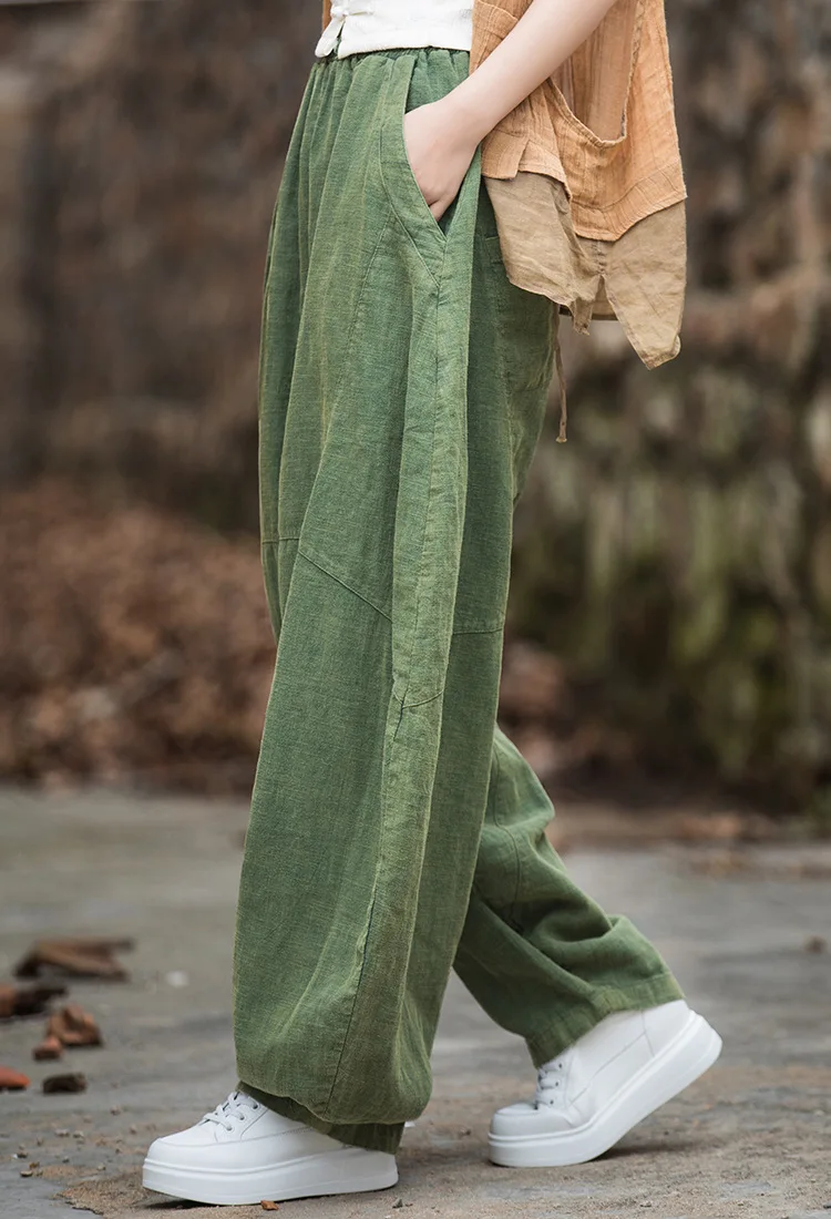 Johnature Women Vintage Ramie Wide Leg Pants Solid Color Elastic Waist Trouser 2025 New Spring Patchwork Loose Women Pants