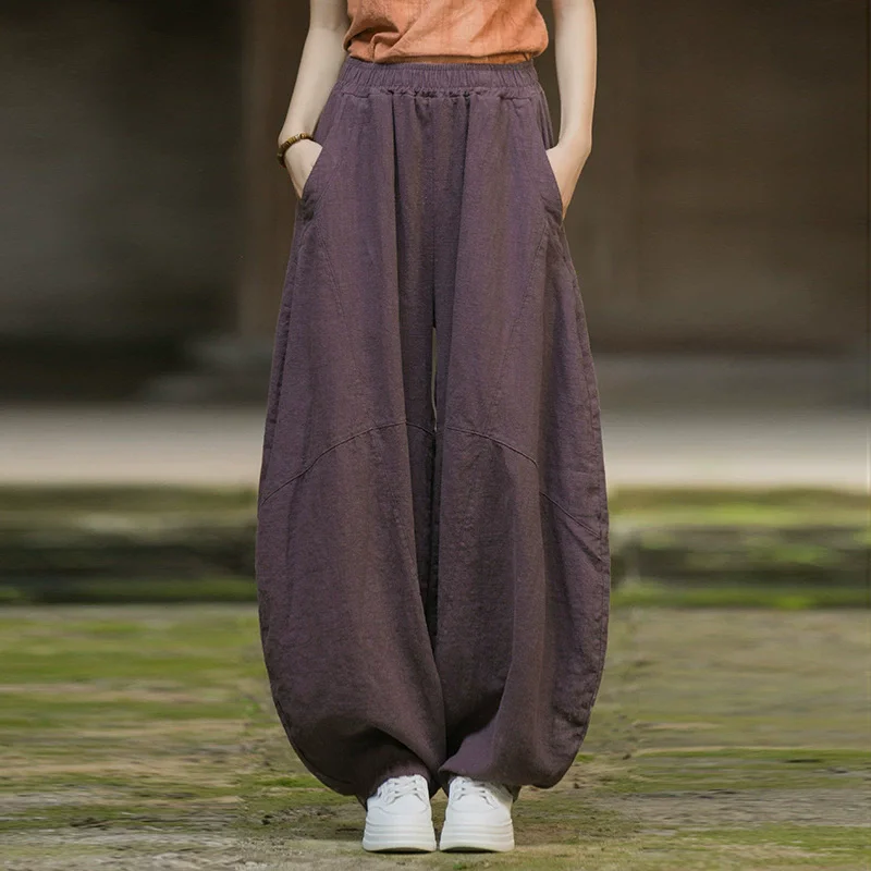 Johnature Women Vintage Ramie Wide Leg Pants Solid Color Elastic Waist Trouser 2025 New Spring Patchwork Loose Women Pants