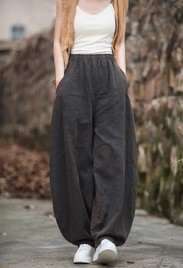 Johnature Women Vintage Ramie Wide Leg Pants Solid Color Elastic Waist Trouser 2025 New Spring Patchwork Loose Women Pants