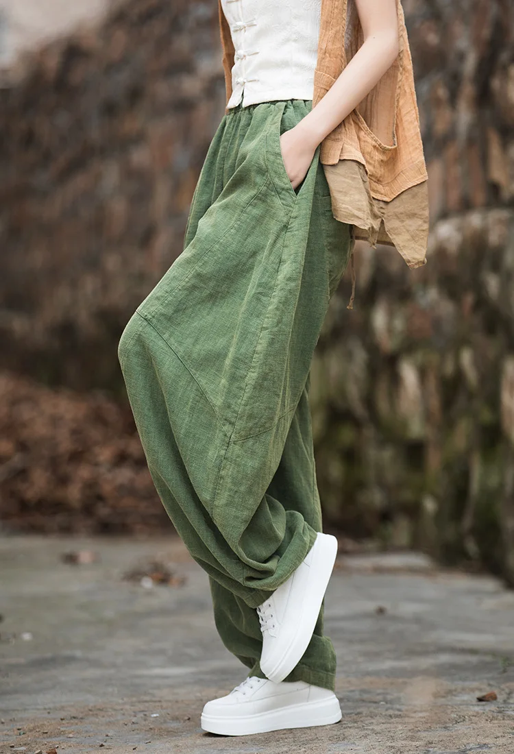 Johnature Women Vintage Ramie Wide Leg Pants Solid Color Elastic Waist Trouser 2025 New Spring Patchwork Loose Women Pants