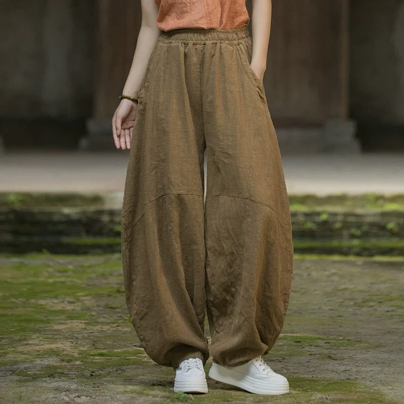 Johnature Women Vintage Ramie Wide Leg Pants Solid Color Elastic Waist Trouser 2025 New Spring Patchwork Loose Women Pants