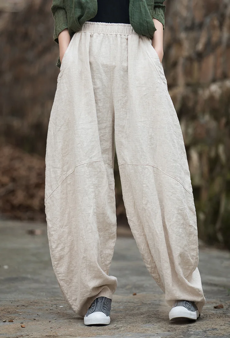 Johnature Women Vintage Ramie Wide Leg Pants Solid Color Elastic Waist Trouser 2025 New Spring Patchwork Loose Women Pants
