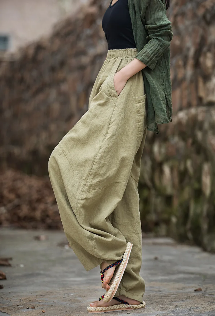 Johnature Women Vintage Ramie Wide Leg Pants Solid Color Elastic Waist Trouser 2025 New Spring Patchwork Loose Women Pants