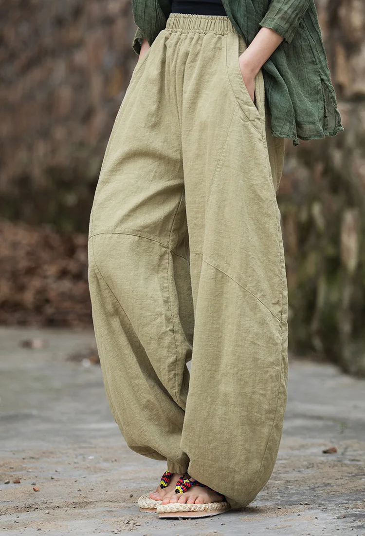 Johnature Women Vintage Ramie Wide Leg Pants Solid Color Elastic Waist Trouser 2025 New Spring Patchwork Loose Women Pants