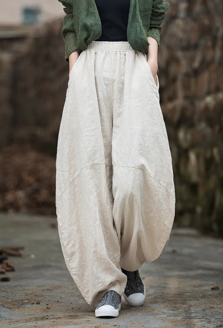 Johnature Women Vintage Ramie Wide Leg Pants Solid Color Elastic Waist Trouser 2025 New Spring Patchwork Loose Women Pants