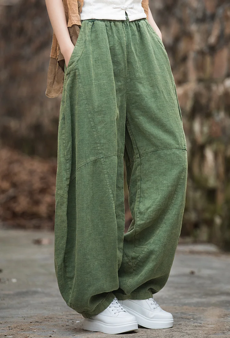 Johnature Women Vintage Ramie Wide Leg Pants Solid Color Elastic Waist Trouser 2025 New Spring Patchwork Loose Women Pants