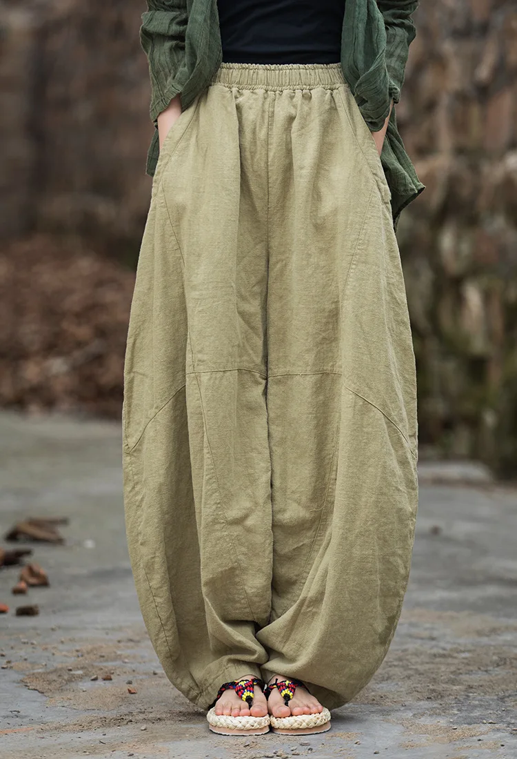 Johnature Women Vintage Ramie Wide Leg Pants Solid Color Elastic Waist Trouser 2025 New Spring Patchwork Loose Women Pants