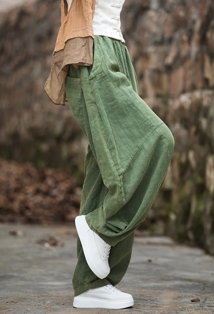 Johnature Women Vintage Ramie Wide Leg Pants Solid Color Elastic Waist Trouser 2025 New Spring Patchwork Loose Women Pants
