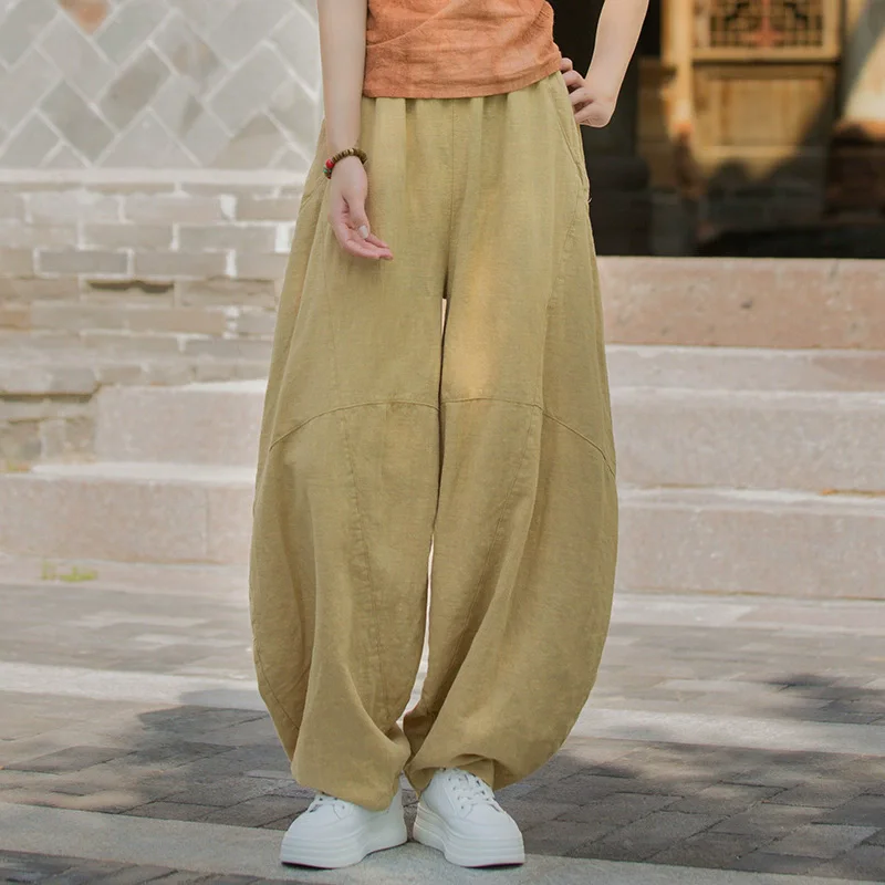 Johnature Women Vintage Ramie Wide Leg Pants Solid Color Elastic Waist Trouser 2025 New Spring Patchwork Loose Women Pants