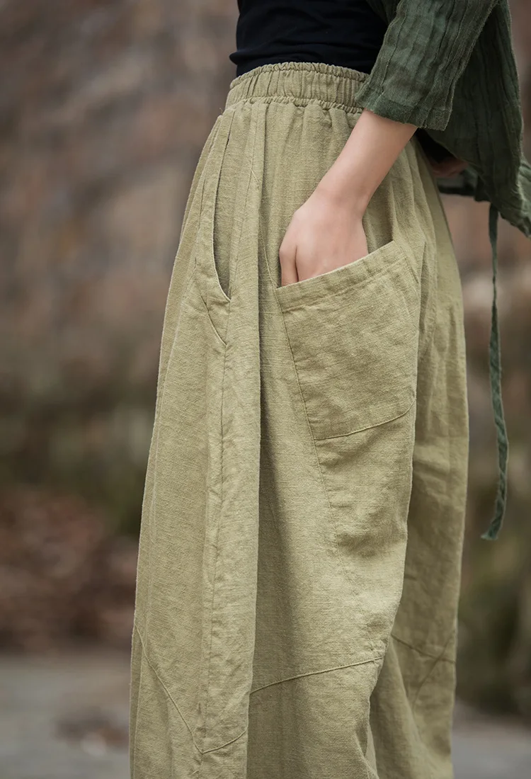 Johnature Women Vintage Ramie Wide Leg Pants Solid Color Elastic Waist Trouser 2025 New Spring Patchwork Loose Women Pants