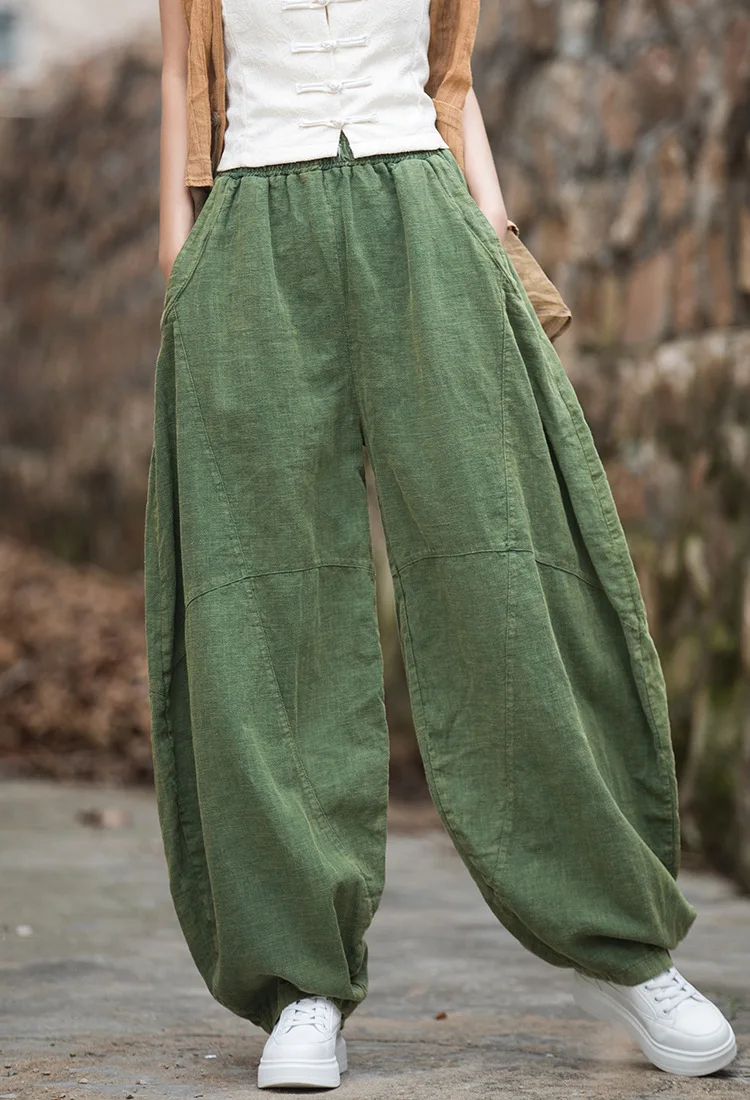 Johnature Women Vintage Ramie Wide Leg Pants Solid Color Elastic Waist Trouser 2025 New Spring Patchwork Loose Women Pants