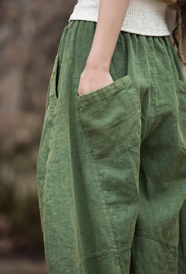 Johnature Women Vintage Ramie Wide Leg Pants Solid Color Elastic Waist Trouser 2025 New Spring Patchwork Loose Women Pants