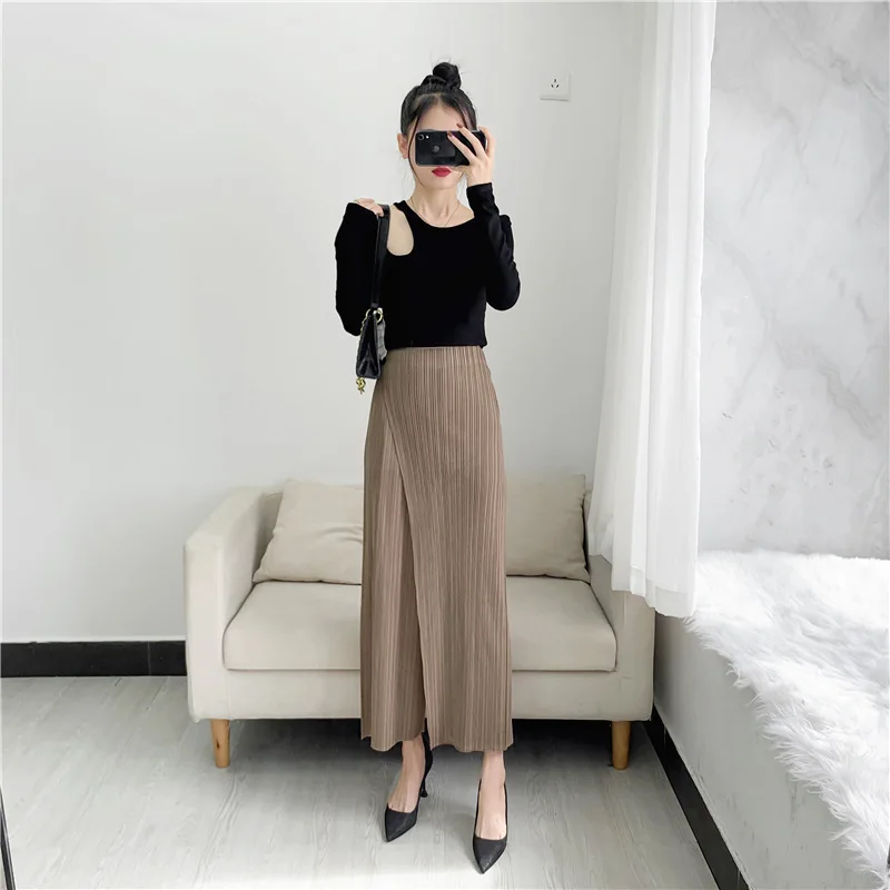 LANMREM Summer New Pleated Straight Skirt Pants Asymmetric Loose Elastic Slimming Casual Patchwork Design Trousers Chic 2DB3899