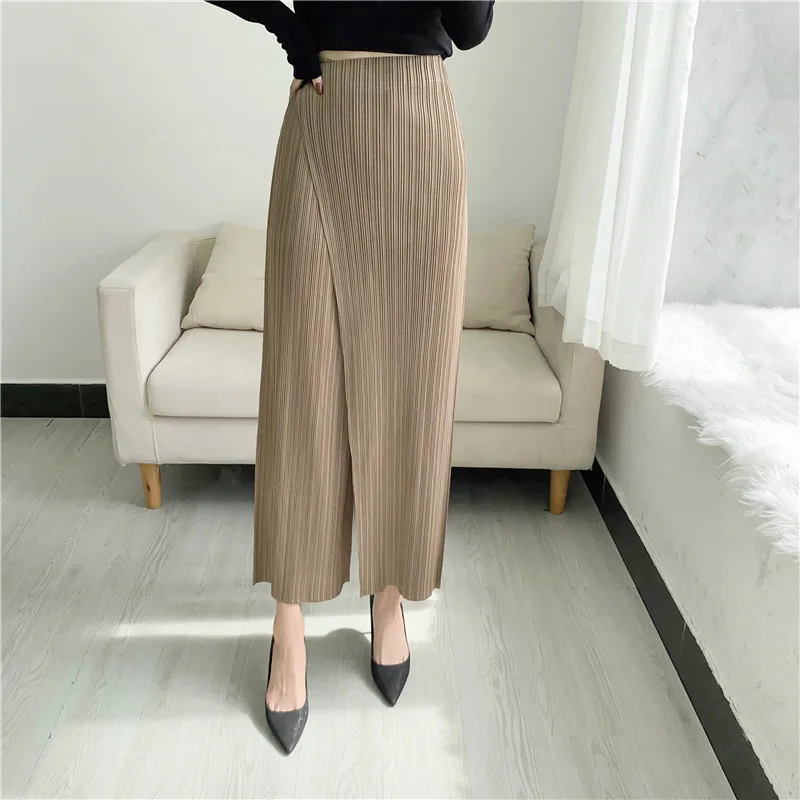 LANMREM Summer New Pleated Straight Skirt Pants Asymmetric Loose Elastic Slimming Casual Patchwork Design Trousers Chic 2DB3899