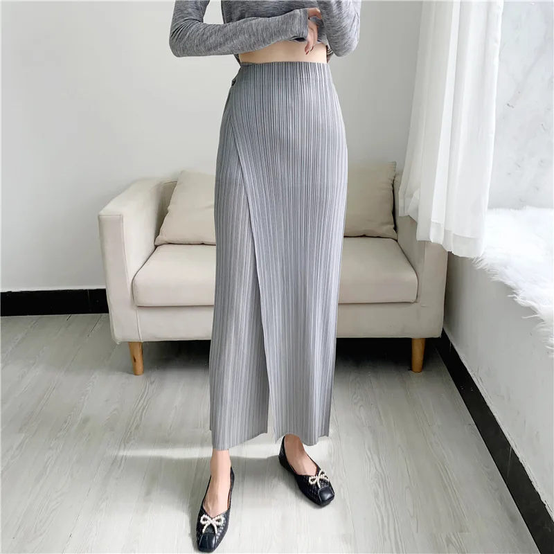 LANMREM Summer New Pleated Straight Skirt Pants Asymmetric Loose Elastic Slimming Casual Patchwork Design Trousers Chic 2DB3899