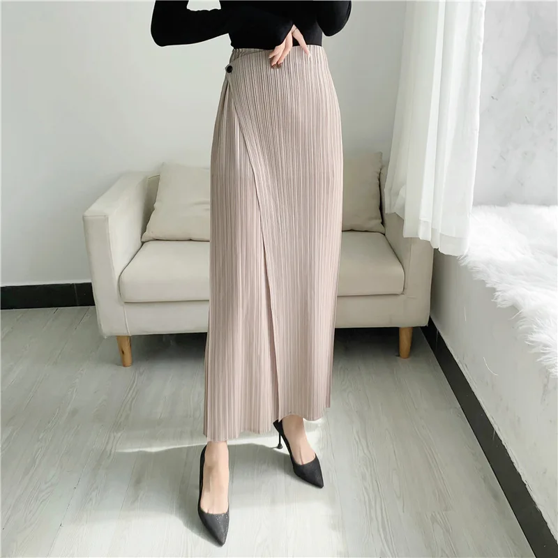 LANMREM Summer New Pleated Straight Skirt Pants Asymmetric Loose Elastic Slimming Casual Patchwork Design Trousers Chic 2DB3899