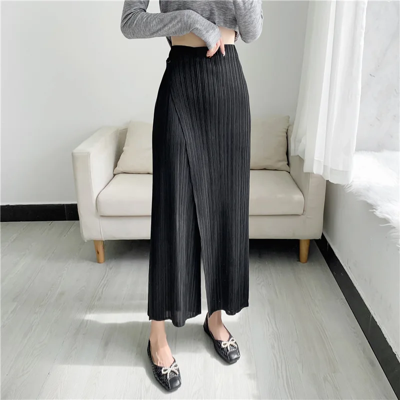 LANMREM Summer New Pleated Straight Skirt Pants Asymmetric Loose Elastic Slimming Casual Patchwork Design Trousers Chic 2DB3899