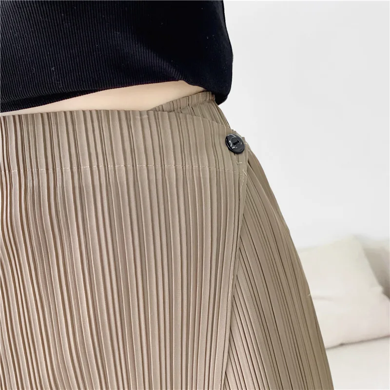 LANMREM Summer New Pleated Straight Skirt Pants Asymmetric Loose Elastic Slimming Casual Patchwork Design Trousers Chic 2DB3899
