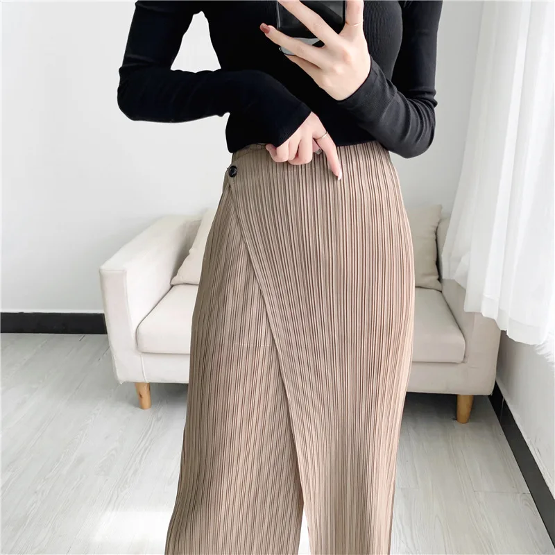 LANMREM Summer New Pleated Straight Skirt Pants Asymmetric Loose Elastic Slimming Casual Patchwork Design Trousers Chic 2DB3899