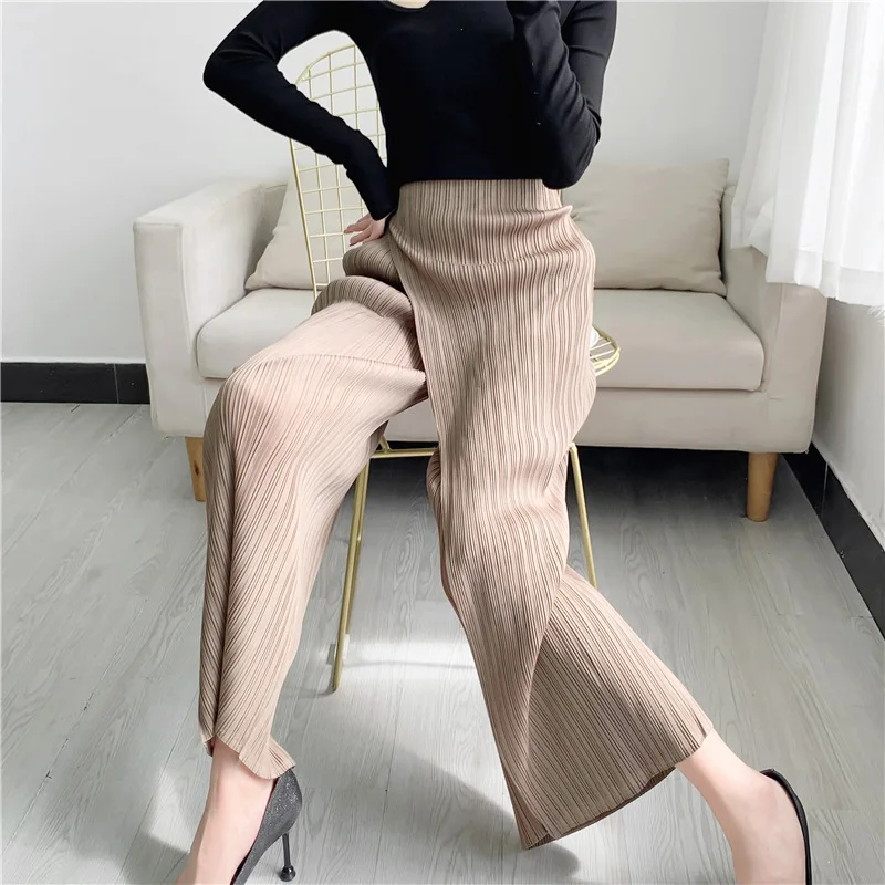 LANMREM Summer New Pleated Straight Skirt Pants Asymmetric Loose Elastic Slimming Casual Patchwork Design Trousers Chic 2DB3899