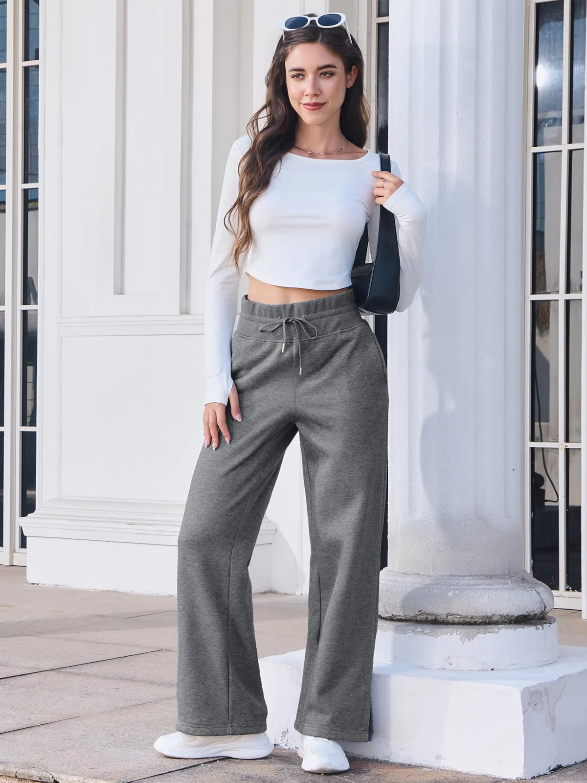 TACVASEN Womens Fashion Causal Wide Leg Pants Soft Baggy Slit Loose Fit Sweatpants Elastic Waist Drawstring Trousers Streetwear