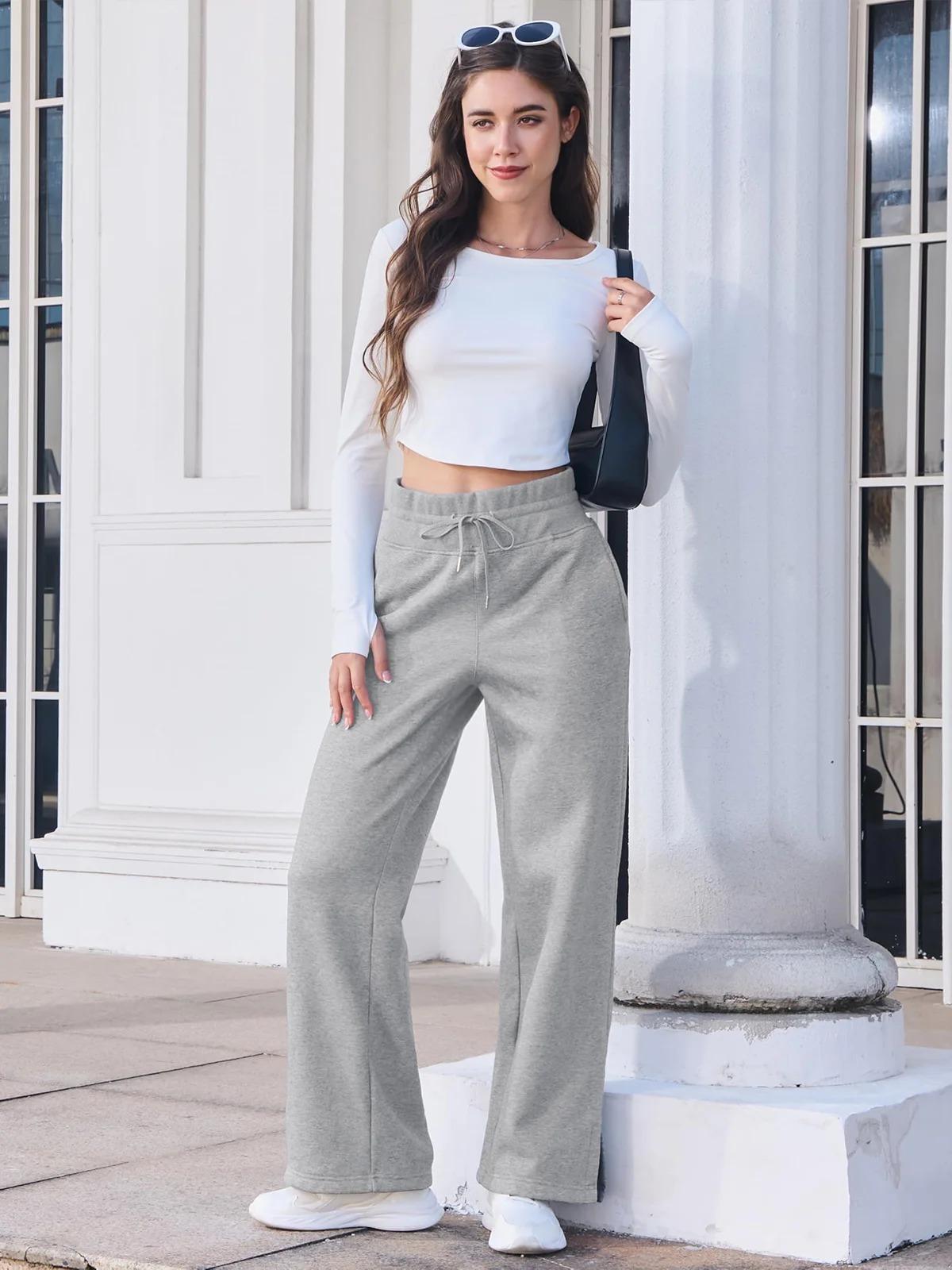 TACVASEN Womens Fashion Causal Wide Leg Pants Soft Baggy Slit Loose Fit Sweatpants Elastic Waist Drawstring Trousers Streetwear