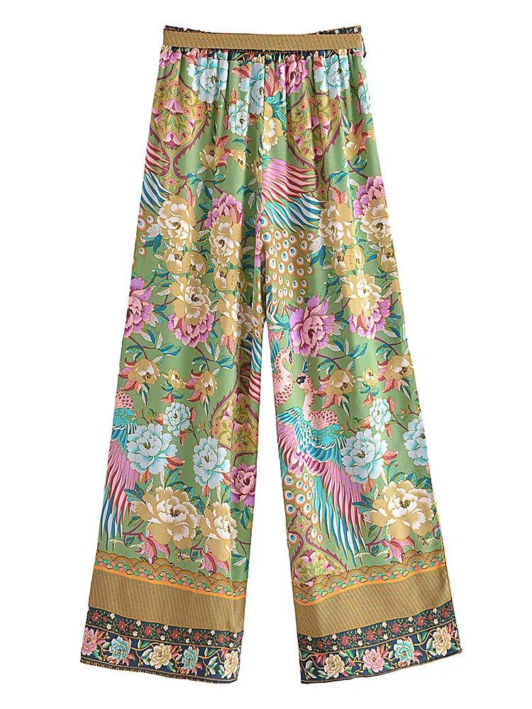 Boho Queens Women Peacock Floral Print Bohemian Wide Leg Pants Lady Elastic Waist Loose Rayon Boho Long Pant  Oversize Trousers