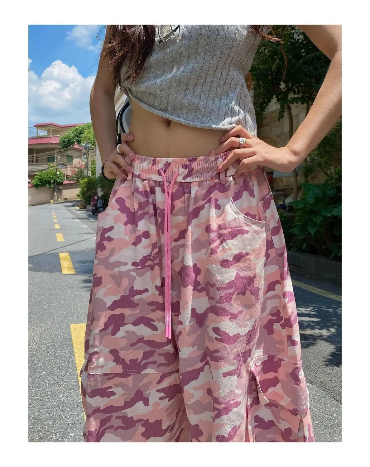 American Unique Pink Camouflage Cargo Pants High Waisted Wide Leg Casual Streetwear Drawstring Waist Side Pockets Hip Hop Dance