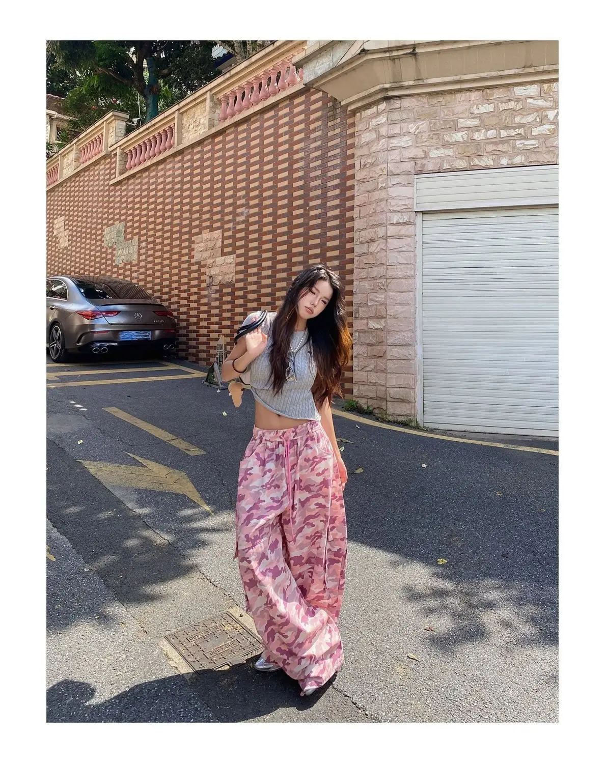 American Unique Pink Camouflage Cargo Pants High Waisted Wide Leg Casual Streetwear Drawstring Waist Side Pockets Hip Hop Dance