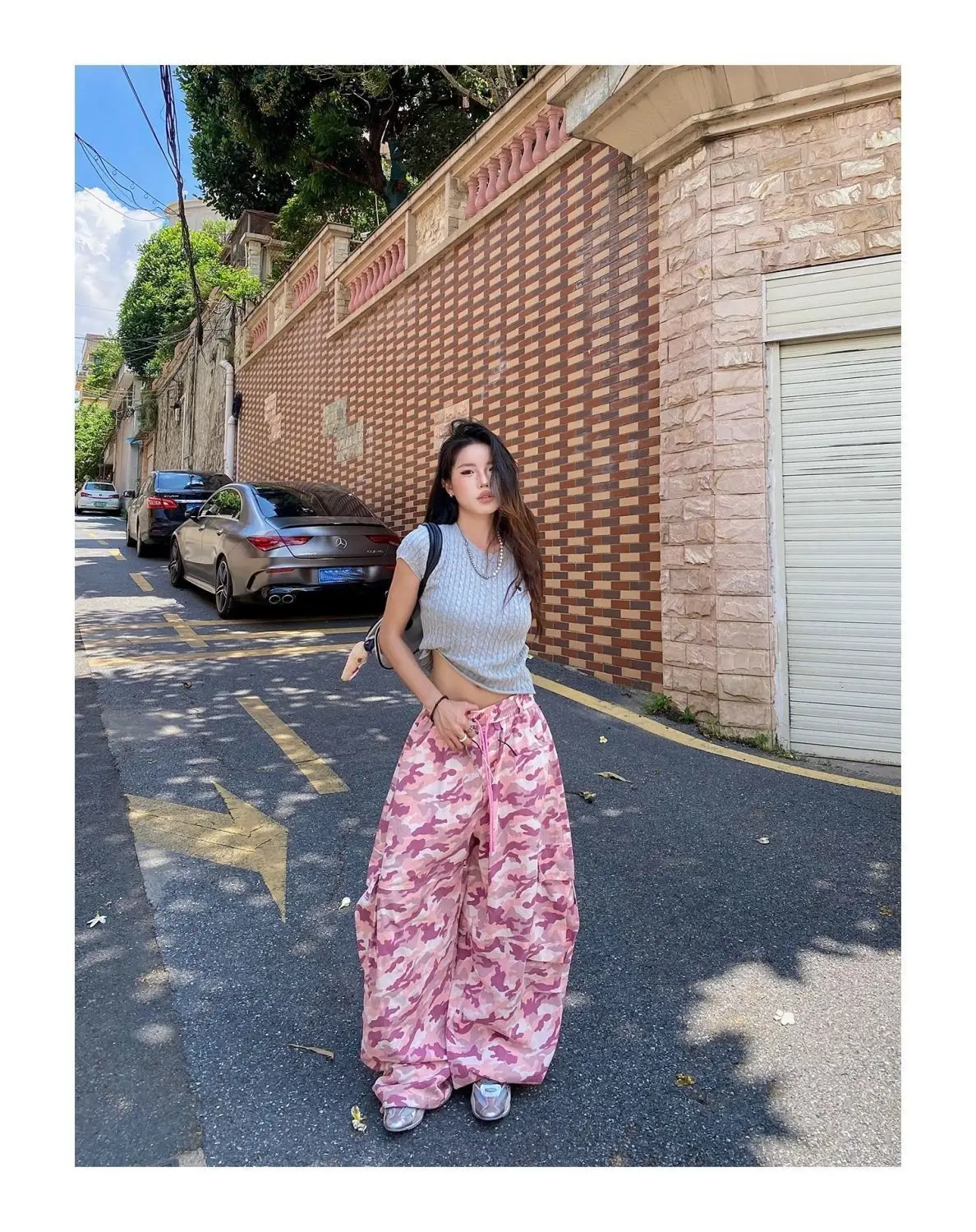 American Unique Pink Camouflage Cargo Pants High Waisted Wide Leg Casual Streetwear Drawstring Waist Side Pockets Hip Hop Dance