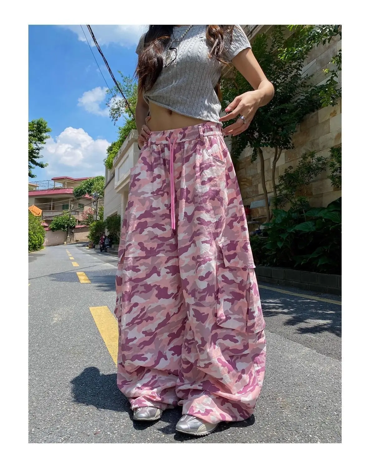 American Unique Pink Camouflage Cargo Pants High Waisted Wide Leg Casual Streetwear Drawstring Waist Side Pockets Hip Hop Dance